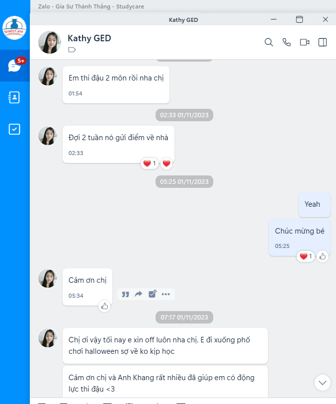 Ảnh chụp tin nhắn với phụ huynh bạn Kathy