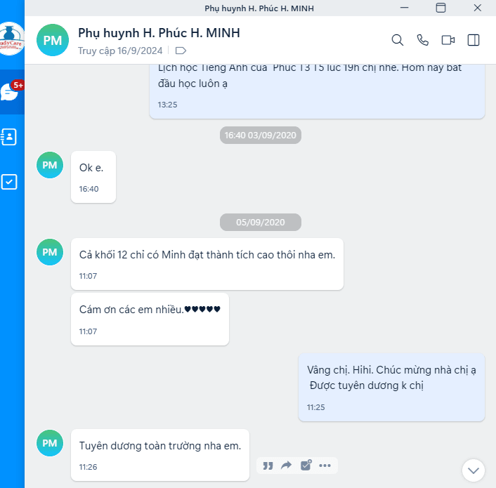 Ảnh chụp tin nhắn với phụ huynh bạn Minh