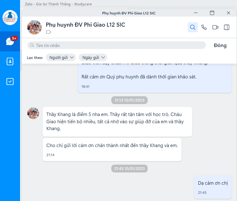 Ảnh chụp tin nhắn với phụ huynh bạn Giao