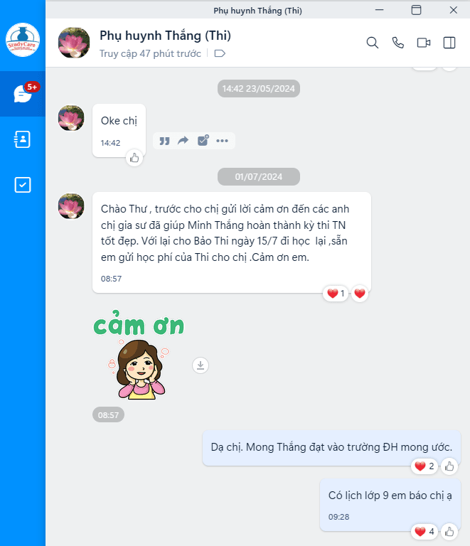 Ảnh chụp tin nhắn với phụ huynh bạn Thắng
